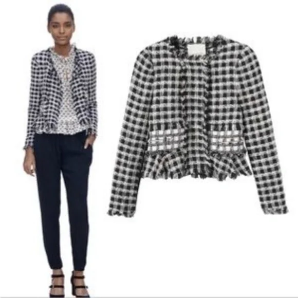 Rebecca Taylor Black and White Tweed Fringe Blazer Sz 6 - Picture 3 of 12